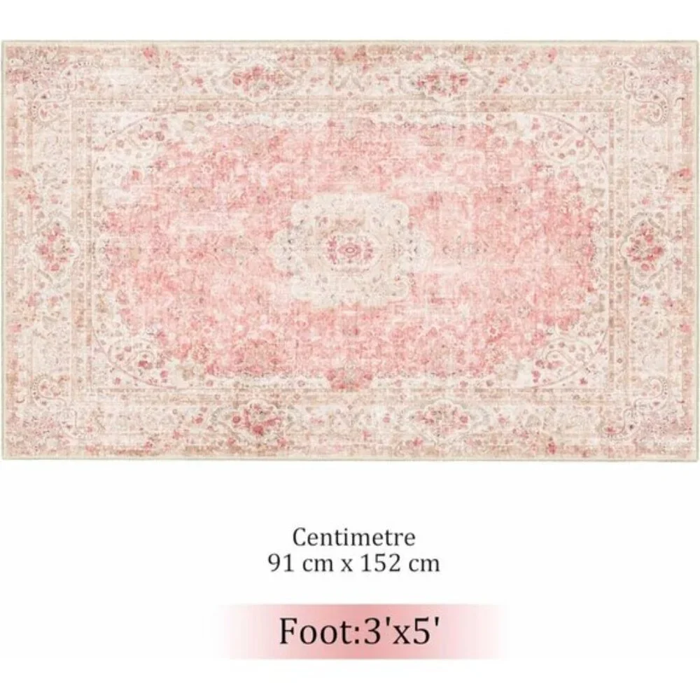 New 3x5 Pink Area Rug, Washable, Non-Slip Vintage Distressed Carpet for Bedroom